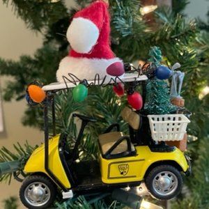Golf Cart Christmas Ornament NEW * 3D Clip-on  yellow w lights, tree & Santa Hat